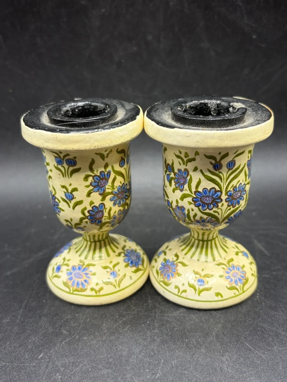 Pair Hand Painted Blue & Gold Tone Floral Flower Candlesticks Candle Holders